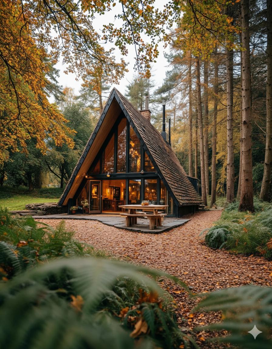 A cozy A-frame cabin surrounded by autumn trees, with warm interior lights glowing in a peaceful forest setting.