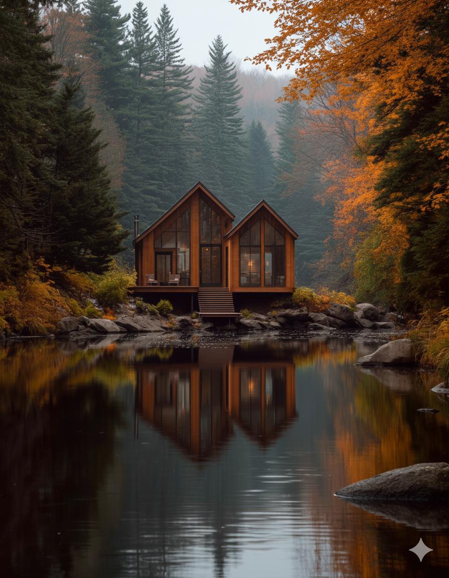 Two modern wooden cabins facing a calm creek, reflected in the water and surrounded by fall foliage and evergreen trees.