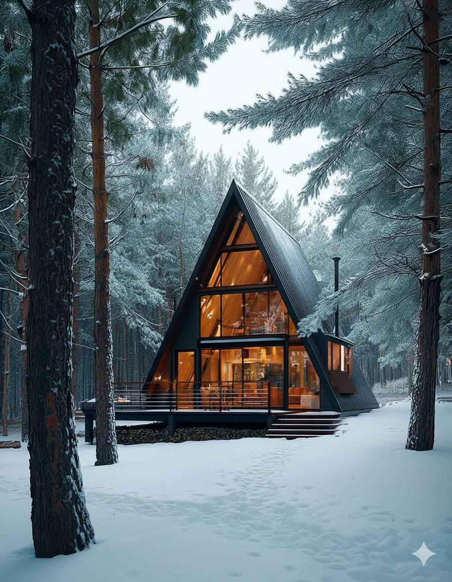 An A-frame cabin in a snow-covered pine forest, featuring large windows and warm lighting in a winter setting.