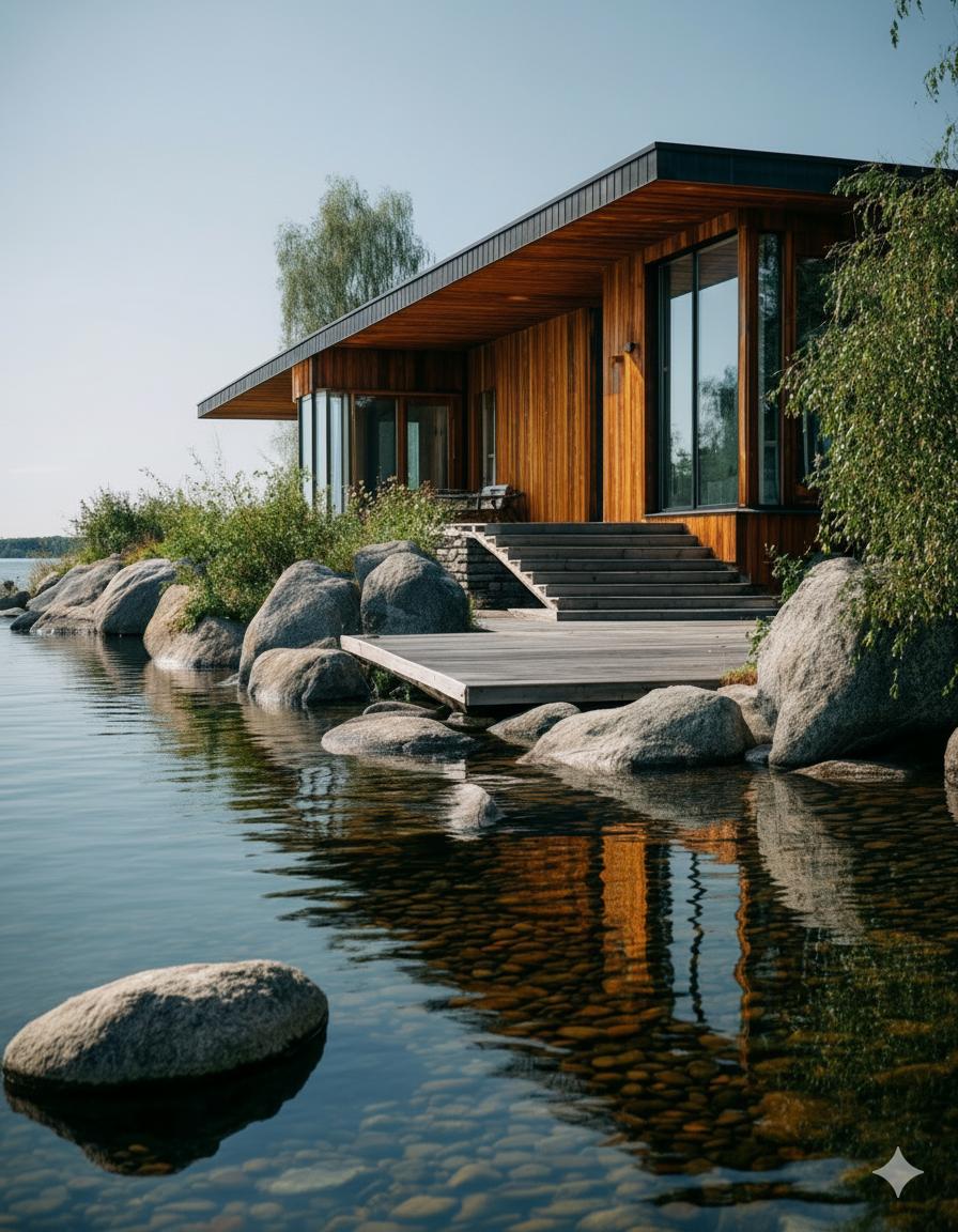 A modern lakeside cabin with wood siding, a deck by the water, and clear reflections on a calm lake.