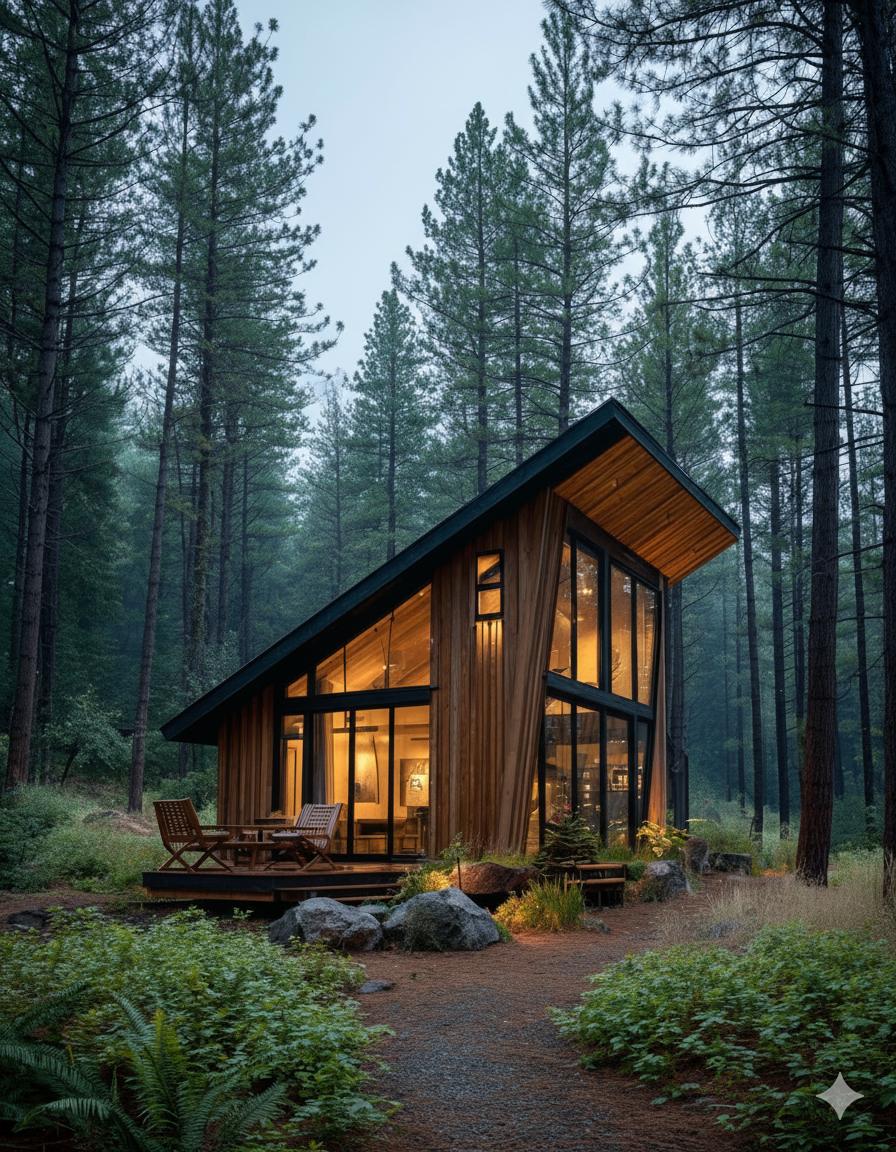 A minimalist cabin set in a mountain forest clearing, framed by tall trees with mountains rising in the background.
