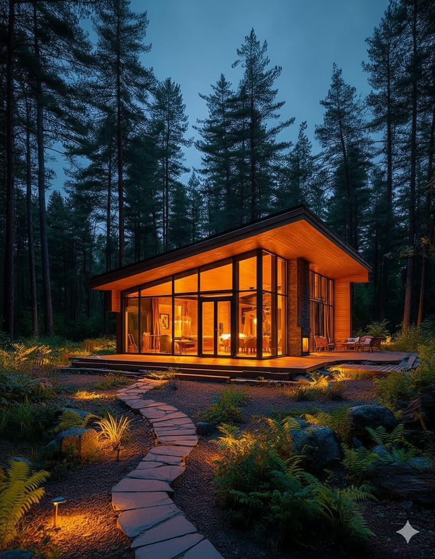 A secluded cabin beside a river, surrounded by dense forest and autumn colors reflected in the water.