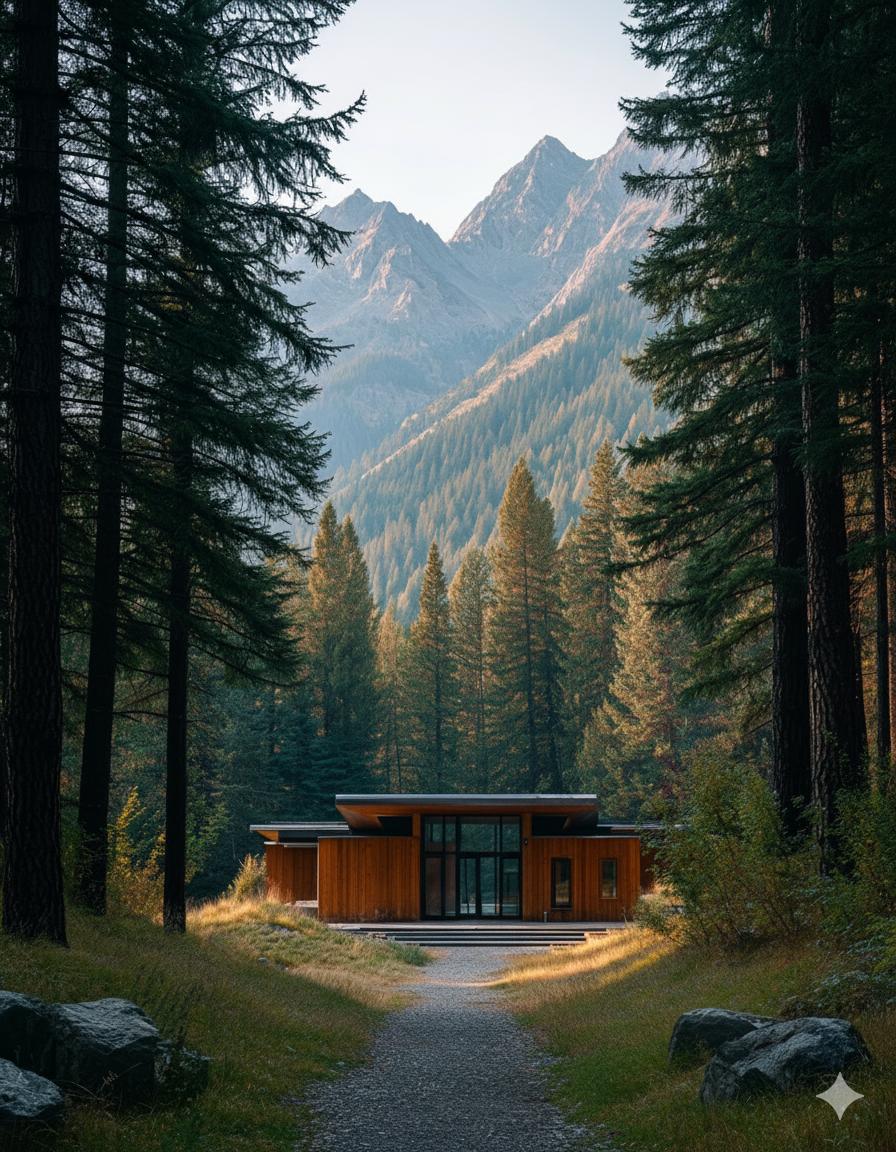 A modern forest cabin at dusk, glowing with warm light and surrounded by landscaped paths and tall trees.