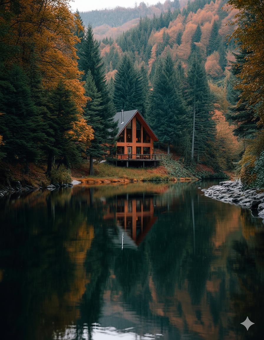 A contemporary cabin with large glass windows, nestled among tall pine trees and featuring outdoor seating on a wooden deck.