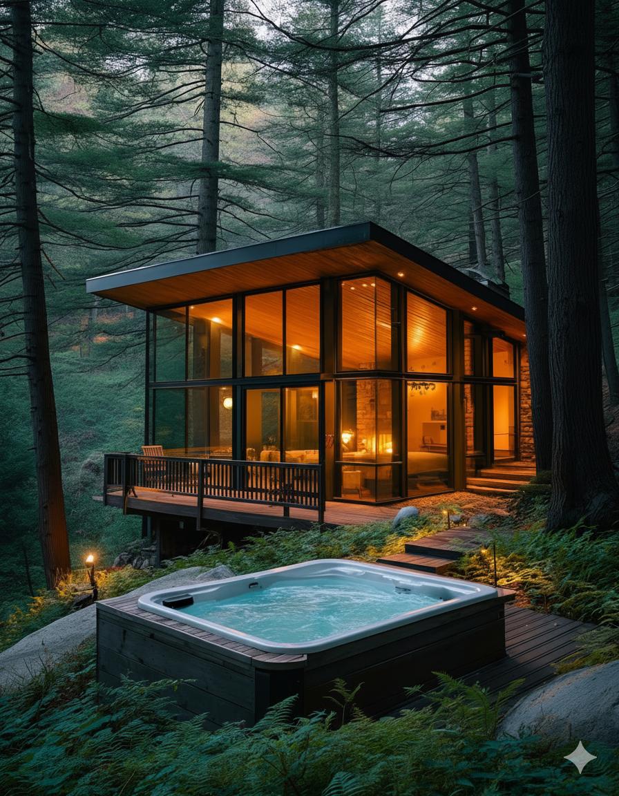A modern forest cabin with expansive glass windows, featuring an outdoor hot tub and warm interior lighting.